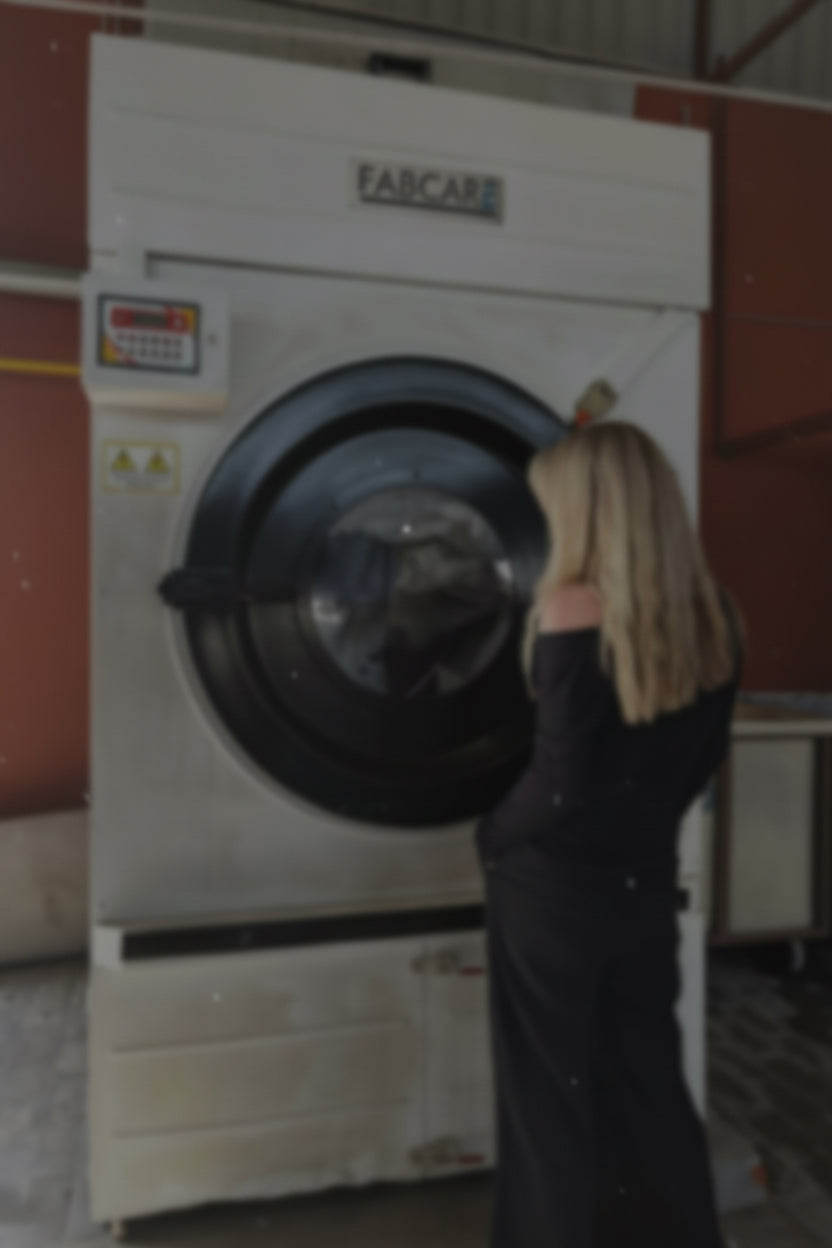 A woman in a black outfit stands in front of a large white industrial washing machine with a round door, branded FABCARE. The setting appears to be a workshop or warehouse with concrete floors and reddish-brown walls.